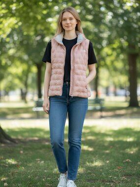 The North face 550 puffer vest pink goose down quilted turtleneck Sz M